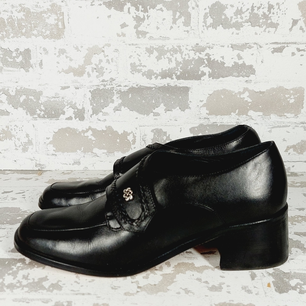 Brighton Flaire Black Leather Slip On Block Heel Academia Loafers V369